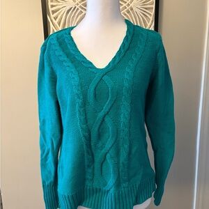 Chaps Turquoise V-Neck Cable Knit Sweater